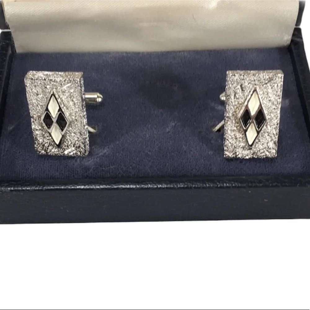 Cesting Rectangle Diamond Cuff Links, Black, Cream